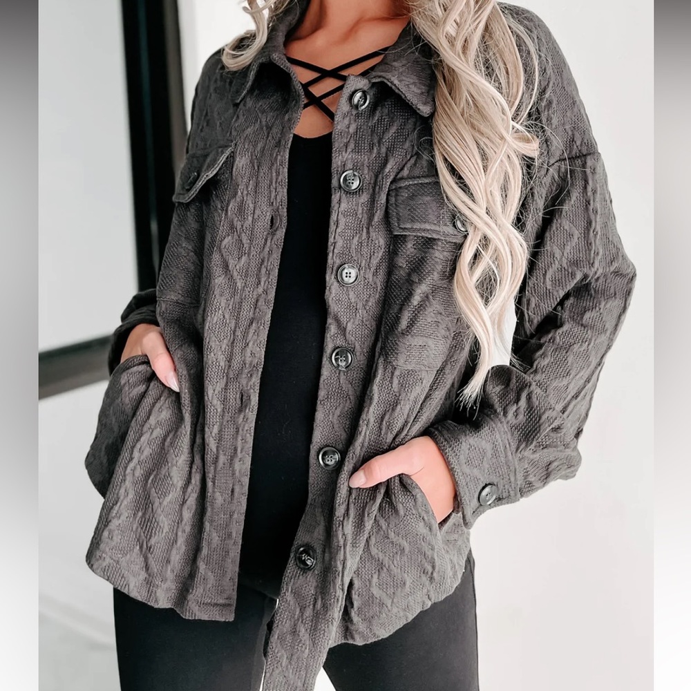 NWT Very J Charcoal Grey Cable Knit Button Down Shacket Jacket